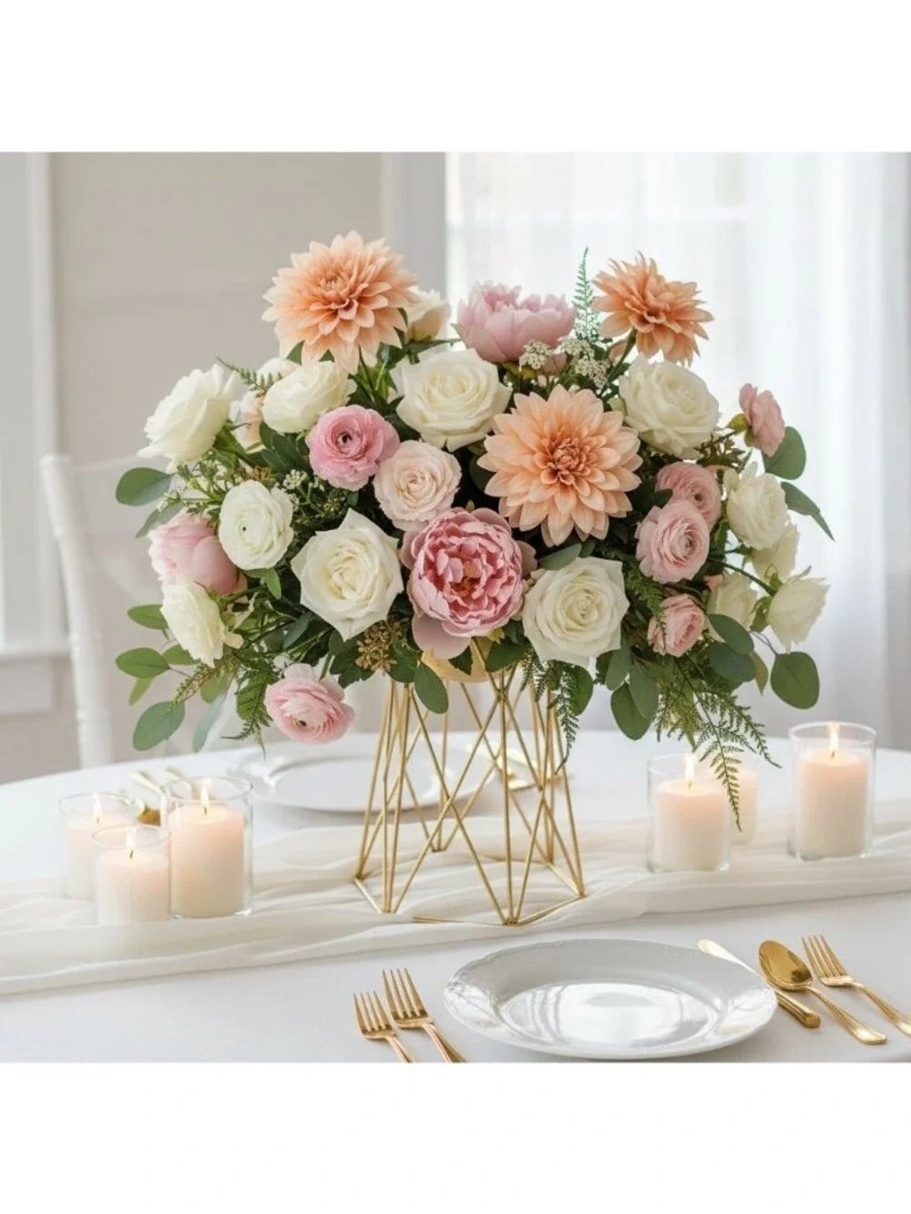 Peach Dahlia Stem Faux Flower 24 Inch 5 Inch Bloom Soft Peach Artificial Dahlia